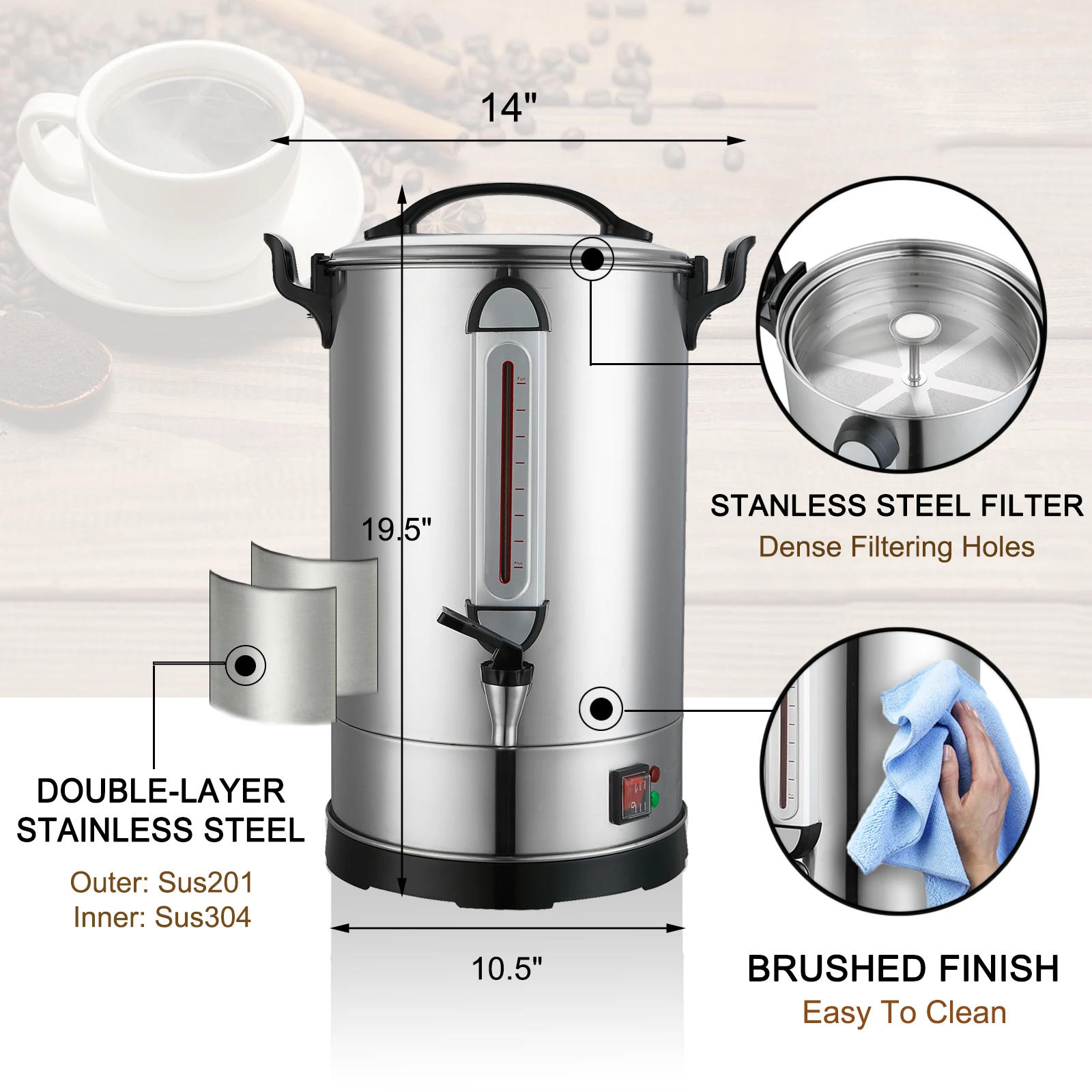 Coffee Percolator 2023 Commercial 304 Double Wall Stainless Steel Electric Silver Removable Cappuccino Machine 950-2000W 30-180