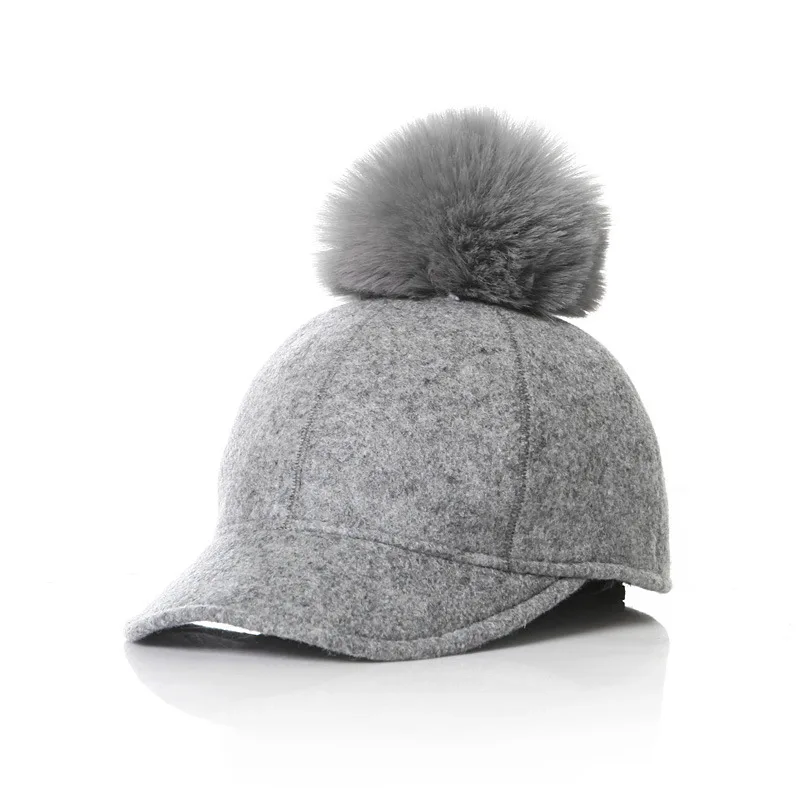 Custom logo Adjustable 6 panel Structured felt winter Baseball Cap With Fur Pom Pom
