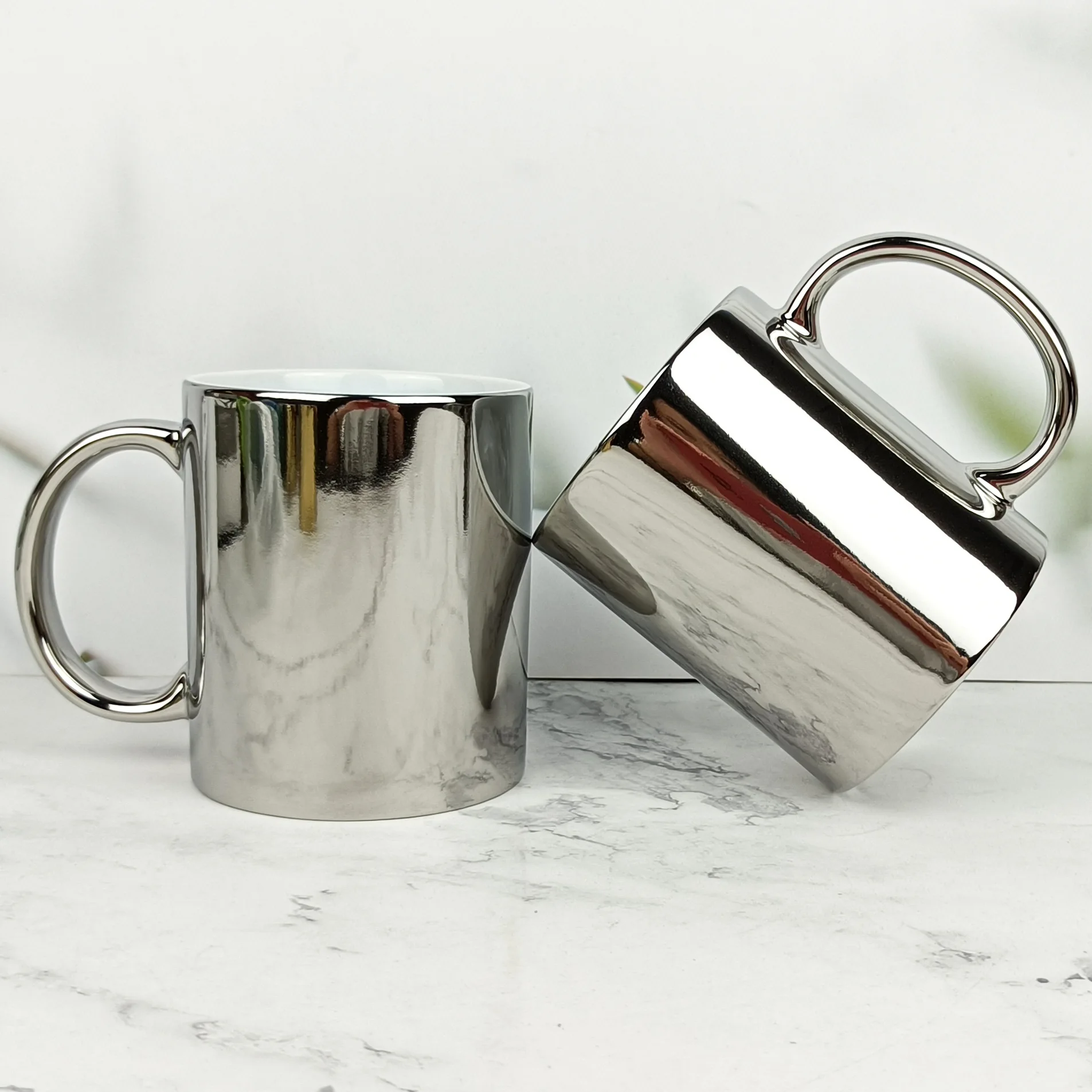 Wholesale Promotional Sliver Color Sublimation Coffee Cup Electroplated Ceramic Mugs Gifts