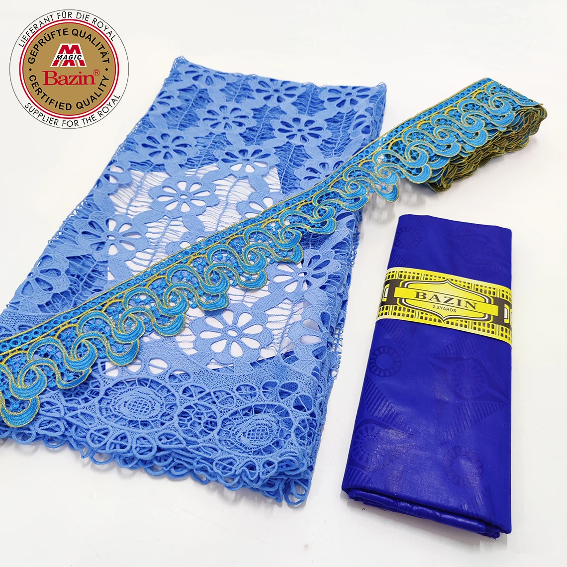 5+2.5+2.5 Yards Bazin Riche Fabric With Ribbon  With Embroidered Printed Milk Lace For Indian Guinea Evening Gown Lady Dress Ma