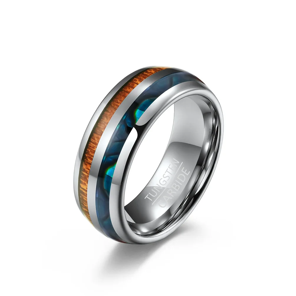 Hot Sale 8mm Tungsten Ring with Koa Wood Abalone Shell Inlay Classic Gold Plated Engagement Gift Party-Tourist Market Favorite