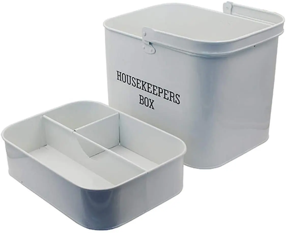 White Cleaning Products Organiser Retro Storage Tin Box for Holding Cleaning Products Housekeeping Caddy with Handle