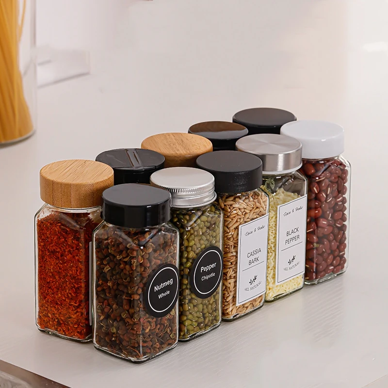 Square Spice Bottles Glass Spice Jars Bottles Kitchen Storage Bottles & Jars Condiment Pot 4oz Lids with Bamboo 24pcs Set 120ml