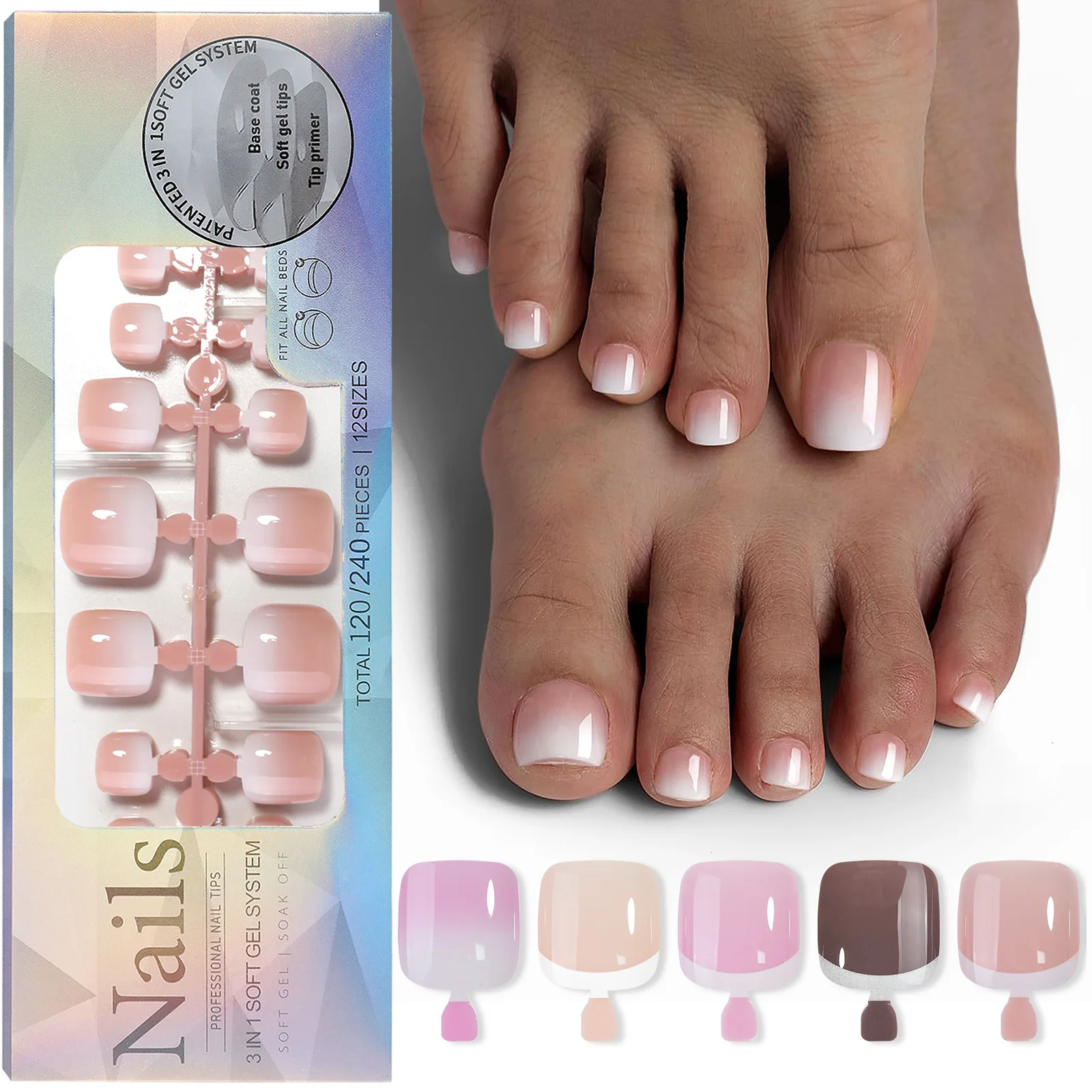 Toe Nail Tips Press on French Tip Soft Gel Toenail Extension Square Round Pre-applied Tip Primer & Base Coat