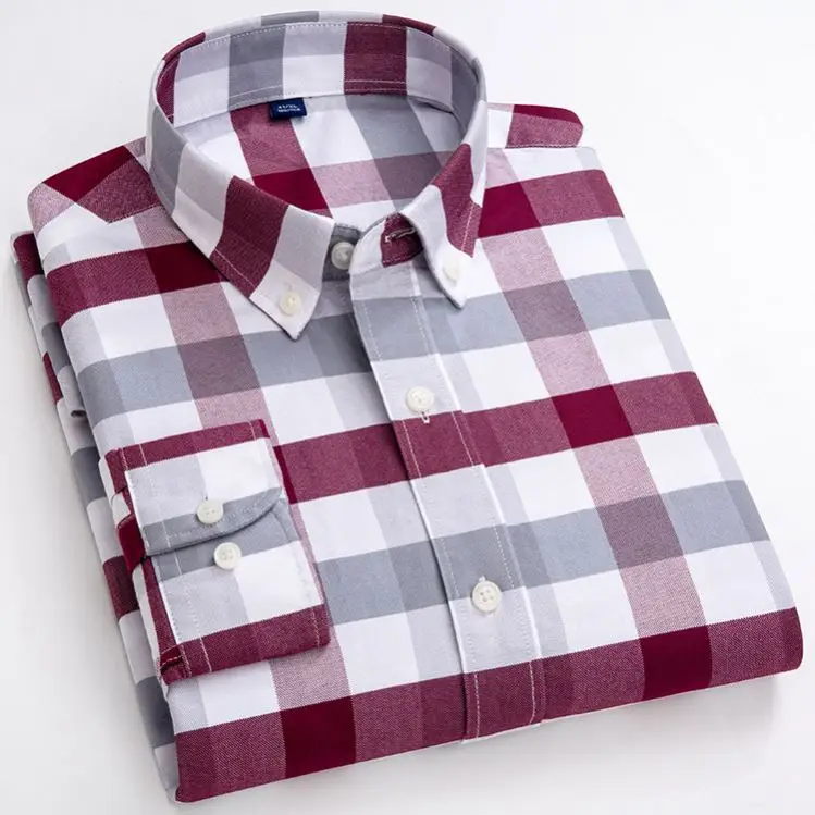 Хлопковый полосатый Оксфорд топ с квадратным воротником Повседневная мужская рубашка длинными рукавами Молодежный облегающий клетчатый кардиган Топ