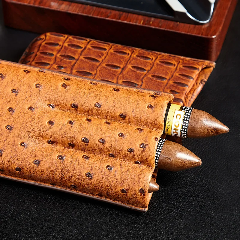Прочный коричневый портативный дорожный Чехол для сигар из натуральной крокодиловой кожи с 3 пальцами, хьюмидор с страусиной текстурой
