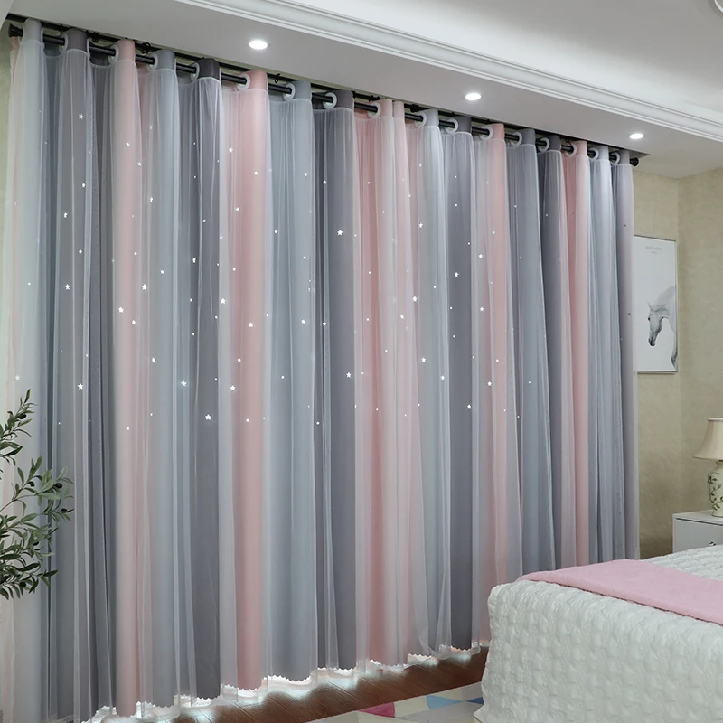 Hot Sale Korean Style Girl Room Double Layer Blackout Curtain with Sheer Princess Curtains for Bedroom