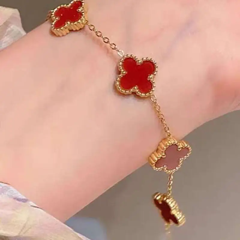 Waterproof Exquisite 18k Gold Plated Zircon Four Leaf Clover Fashion Jewelry Set Girls Women Valentine Bracelet Ring Earrings