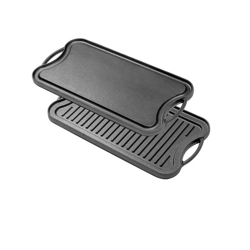 Rectangle Reversible Cast Iron Griddle Black Grill Pan Double Handle Fry Pan
