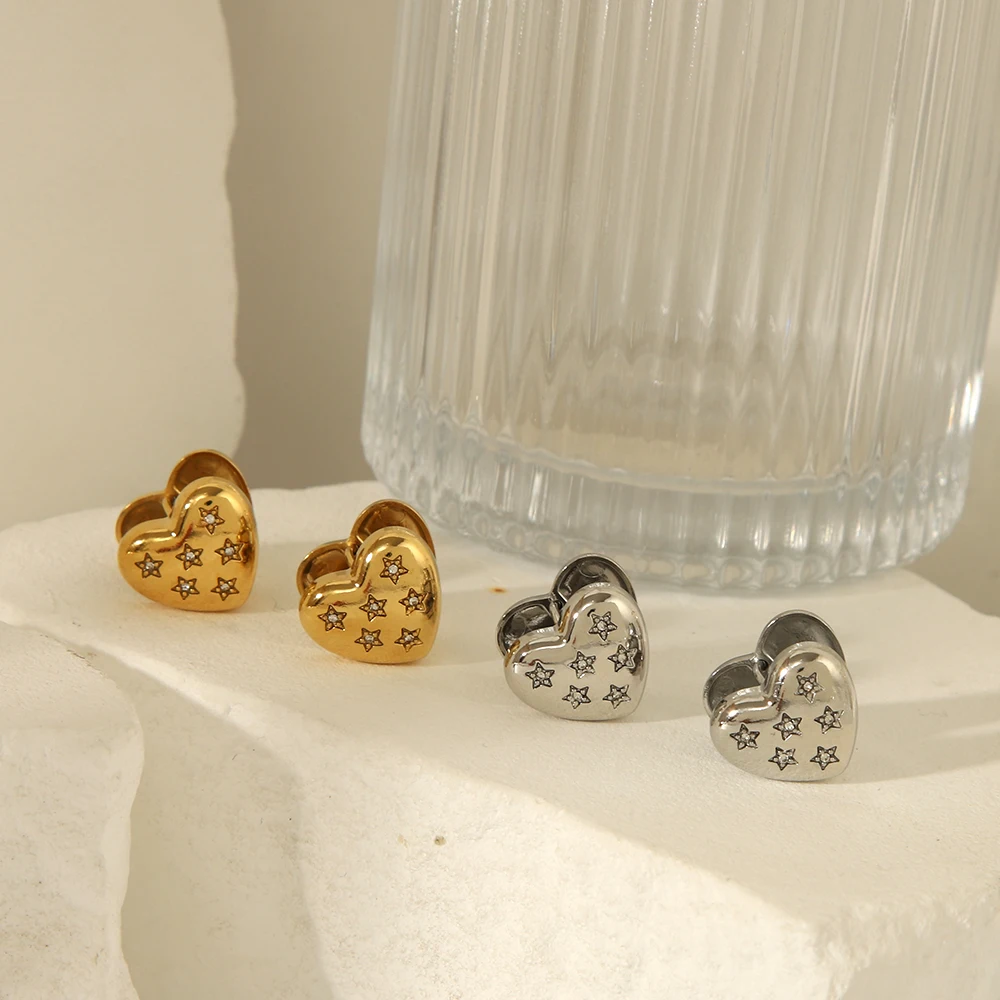 French Stainless Steel Love Ear Clip Double Face Insert Zircon Earrings 18k Gold Plated Heart Ear Cuff Earrings Set