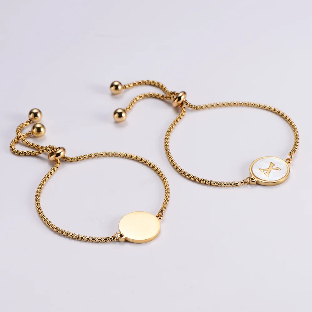 Fashion A-Z Women Box Chain Stainless Steel Bracelet Round Square Shell Initial Alphabet Charm Letter Bracelet