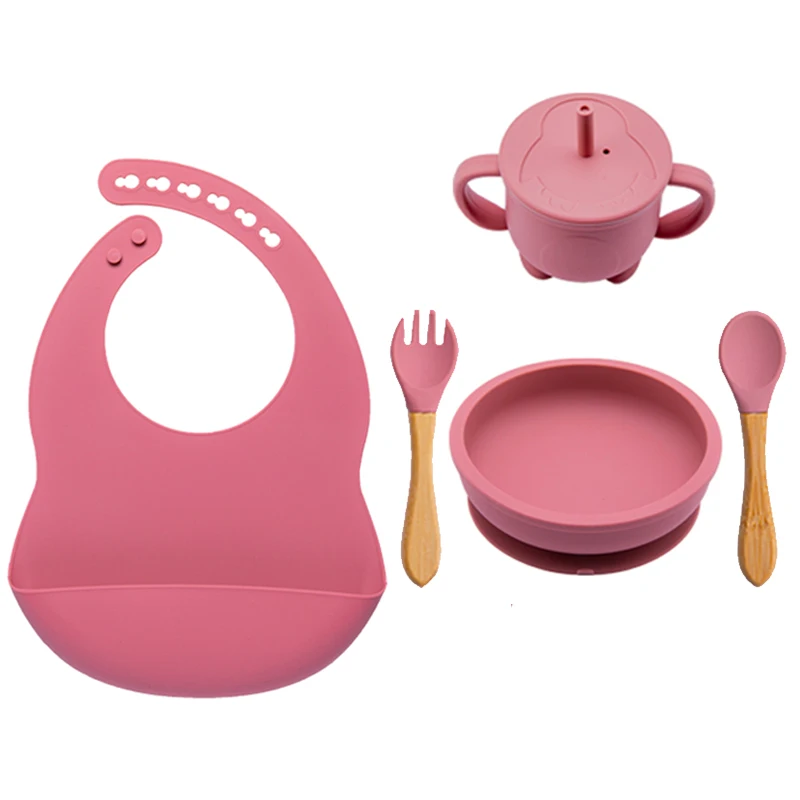 
Baby Product Supplies Silicone Bib Spoon Bowl Baby Unbreakable Dinnerware Feeding Set 