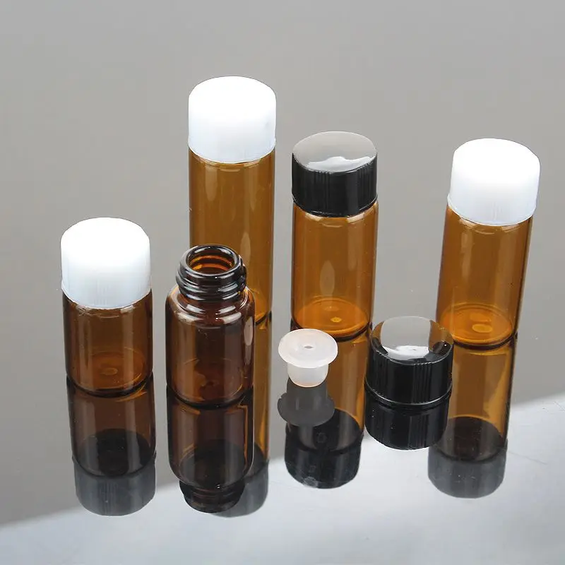1ml 2ml 3ml 5ml 10ml Amber Clear Sample Test Glass Cosmetic Vials with Black Lids for Essential Oil