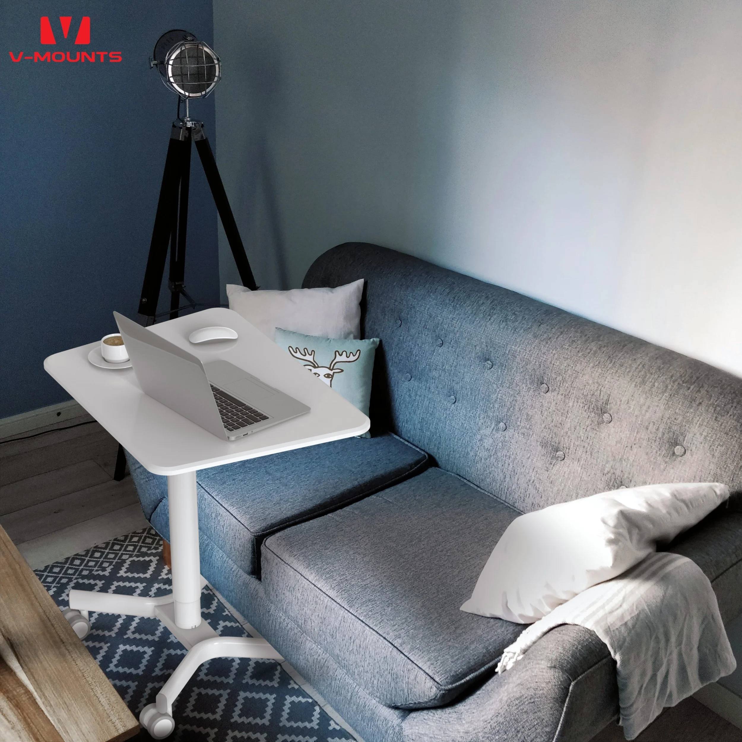 V-mounts One-Handle Lift Laptop Desk White Portable with Wheels for Living Room Apartment School Metal Material