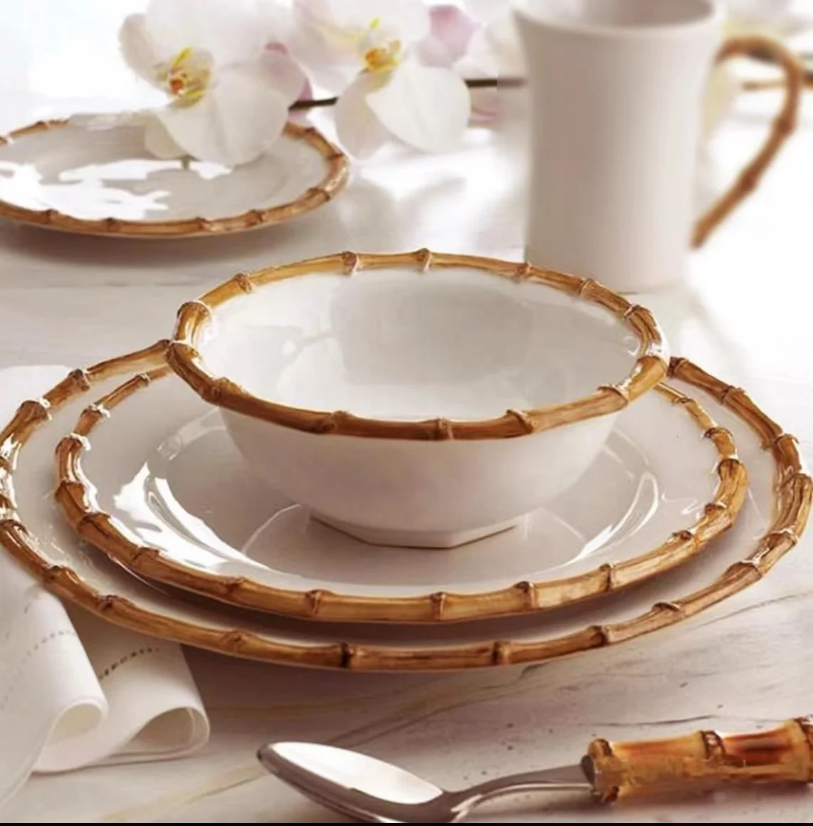BLAIS brown round tableware dish table setting ceramic porcelain bamboo rim  plates sets dinnerware wedding
