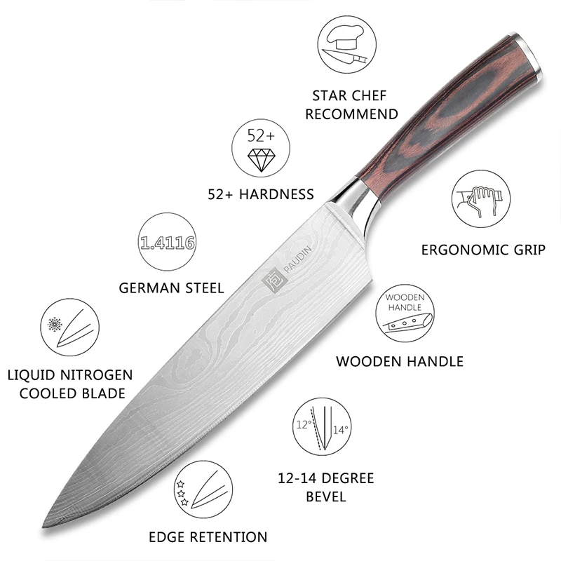 Paudin  Hot Sale Full Tang 8 Inch German High Carbon Steel Kitchen Chef Knife With Natural Ebony Wood Handle Knives Custom