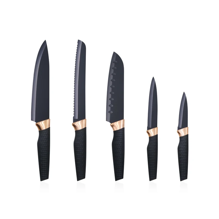Поставка с завода Yangjiang 5 шт. кухонные ножи из высокоуглеродистой нержавеющей стали черным антипригарным покрытием набор универсальным ножным блоком