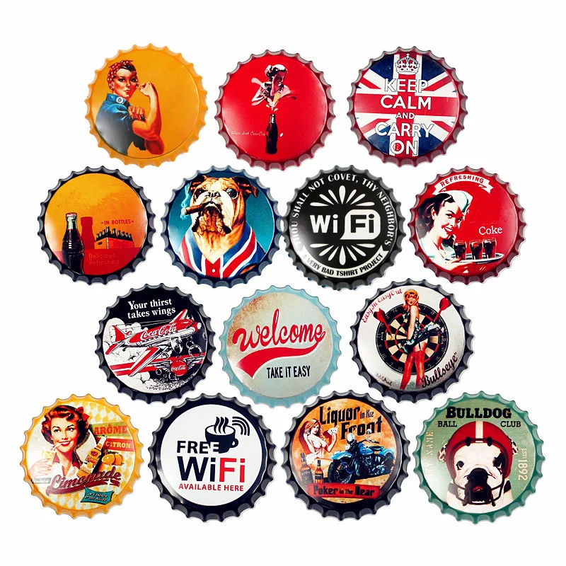 Vintage Tin Signs Retro Flag Round Tin Beer Bottle Cap Vintage Metal Coffee Wall Art Cast Iron Signs