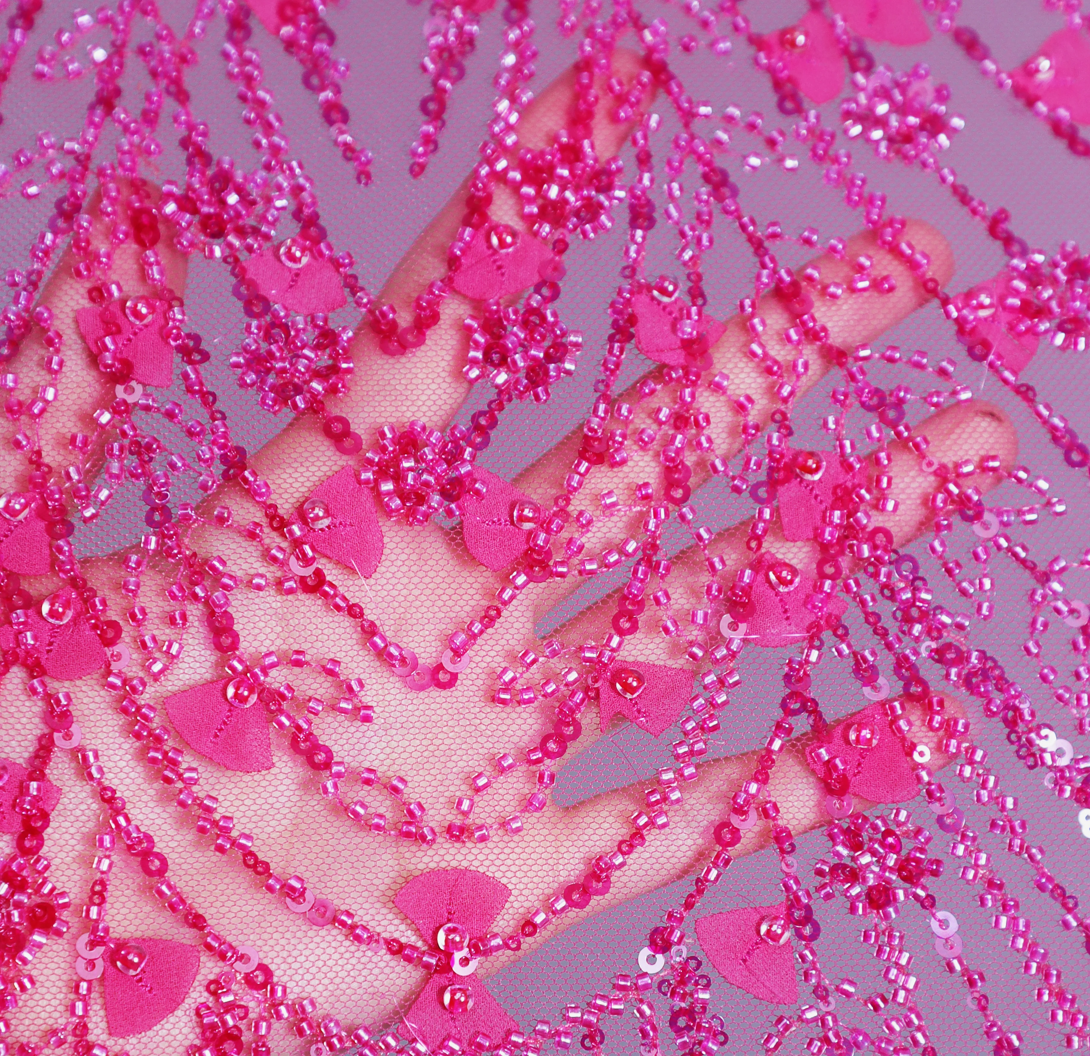 ZX221-1  Fuchsia Purple Laser cut beaded luxury fabric, tulle beading lace fabric with chiffon