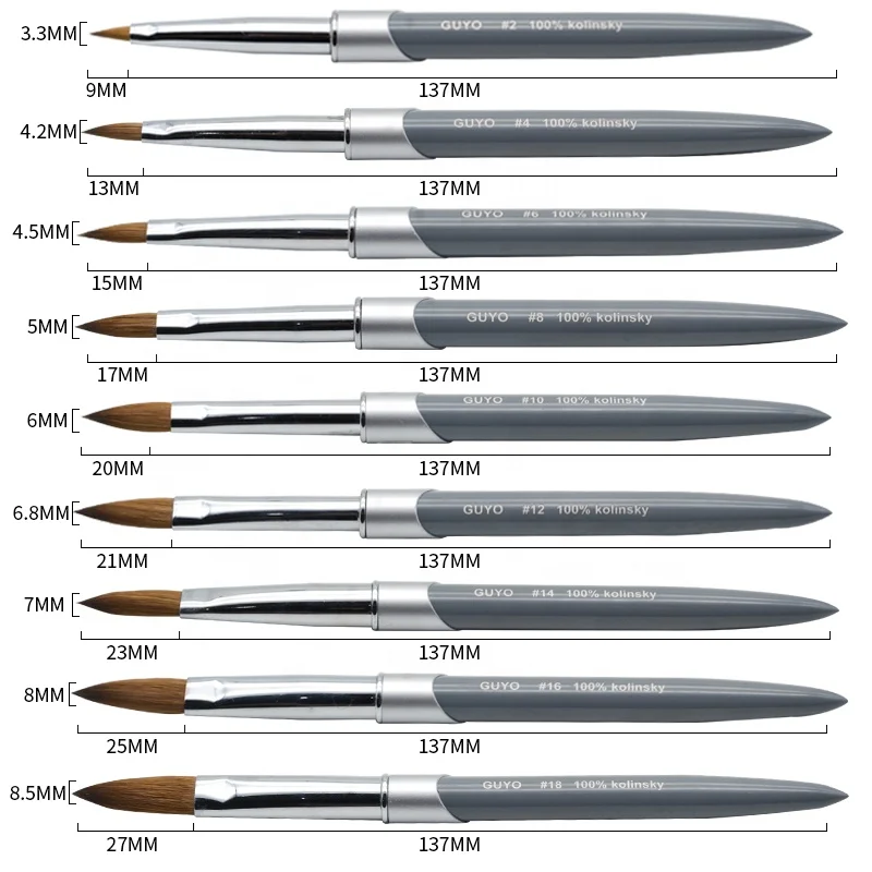 Инструмент для дизайна ногтей GUYO, размер 8-22, 100%, Kolinsky, соболиный, акриловая кисть для ногтей с алюминиевой ручкой