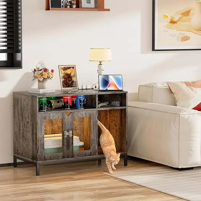 Grey Oak Cat Litter Box Enclosure: Homieasy Hidden Furniture with Charging Station, LED Light, and Decorative Pet House
