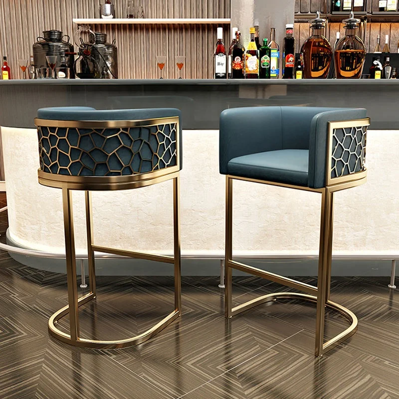 Modern home bar chair luxury gold metal bar height stools stainless steel frame upholstered bar stool with honeycomb backrest