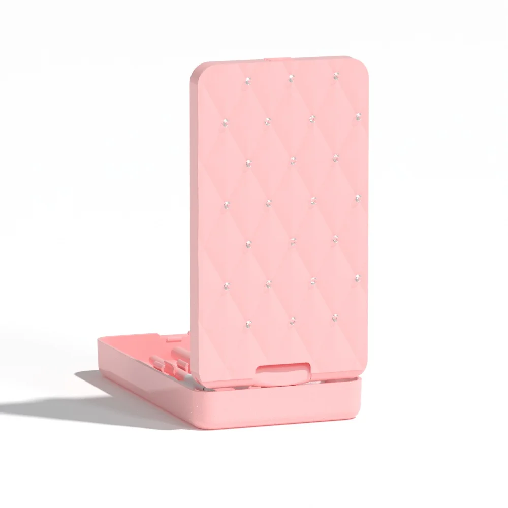 Hot Custom Foldable Single Side Pink Square Plastic Portable Make up Chassis Storage touch switch Vanity Brush LED Mirror Set