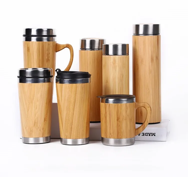 2024 New Wood Travel Insulated Coffee Cup Stainless Steel Bamboo Mug With Lid Cool Coffee Mugs
