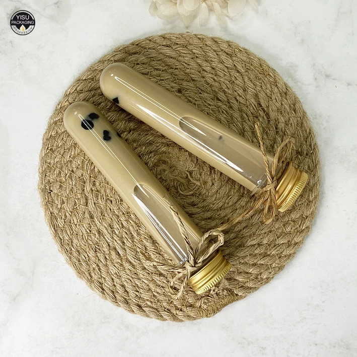 Straight Round Boba Tea Bottle Milk Tea Tall Tube Shape Juice Bottle Custom lOGO with Aluminum Cap PET Bubble Bottle