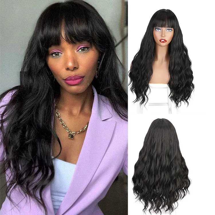 Vigorous Long Black Wig with Bangs for Women Synthetic Glueless Heat Resistant Wave Black Silky Black Hair Wig 26 inch