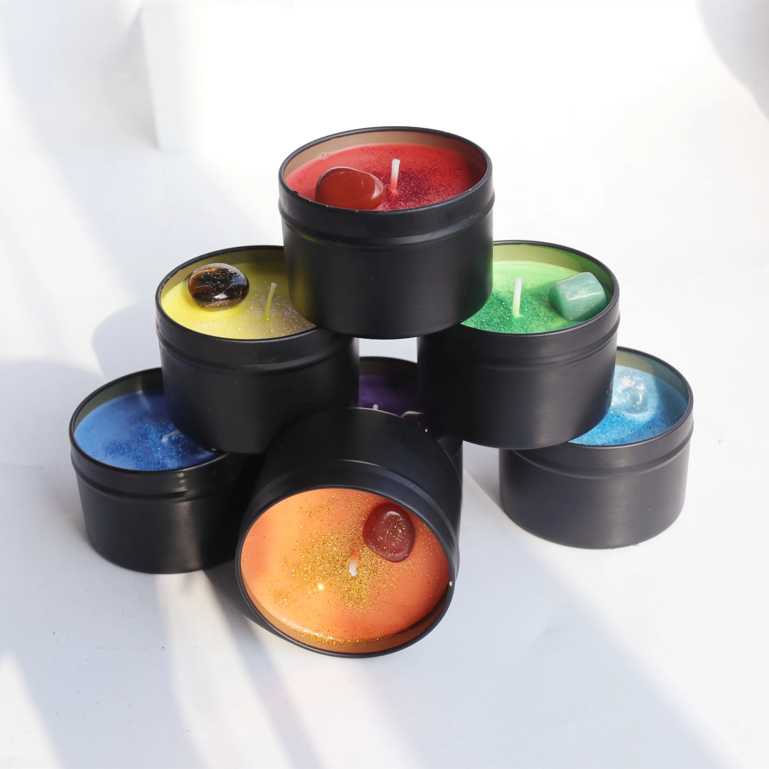 CH Hot Sale 7 Chakra Candles (Set of 7) with Natural Crystals & Mala Beads for Meditation Healing Scented Candles