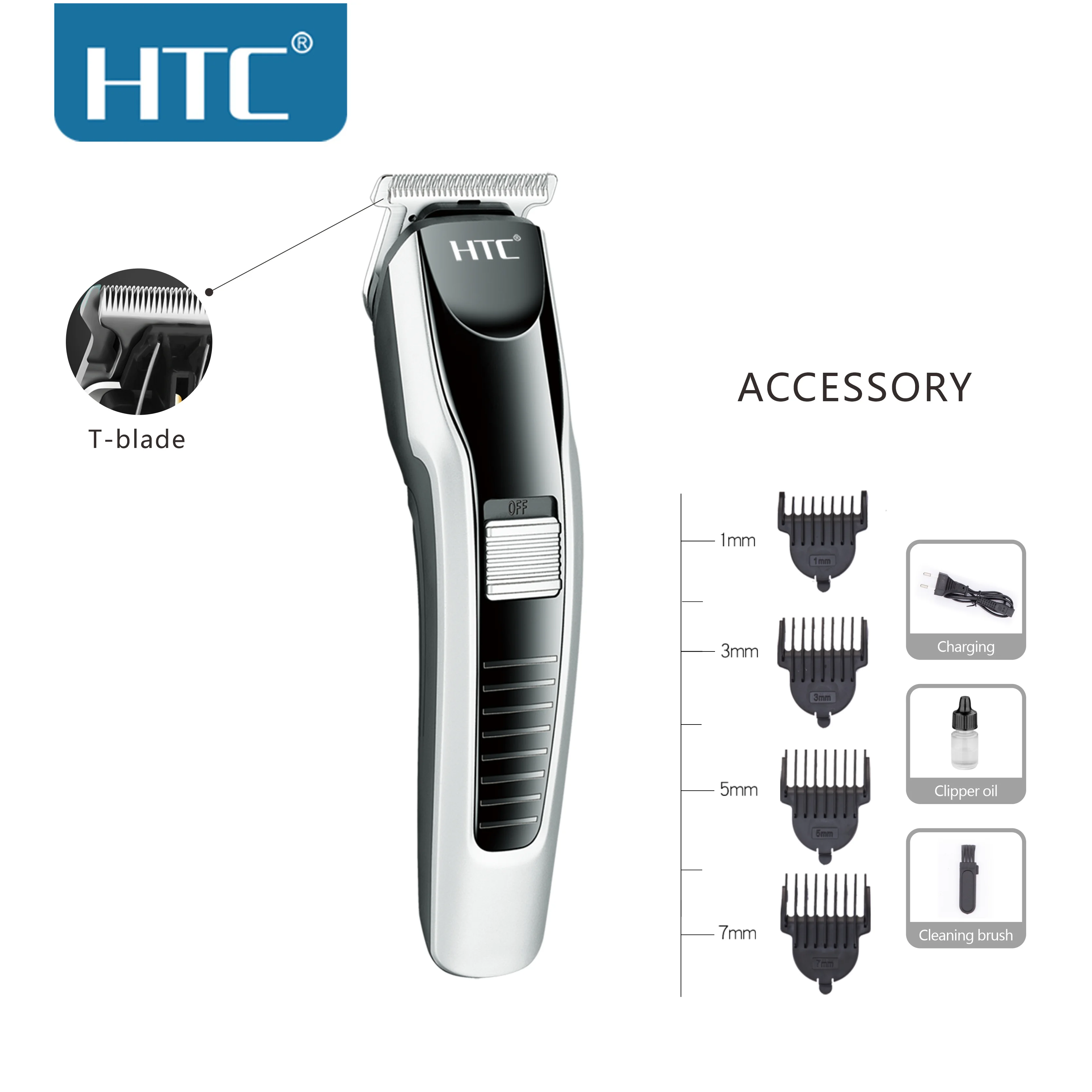 HTC AT-538 Cordless Rechargeable Electric Hair Clipper Cutter T-blade zero cutting Hair Trimmer Online Hot Selling