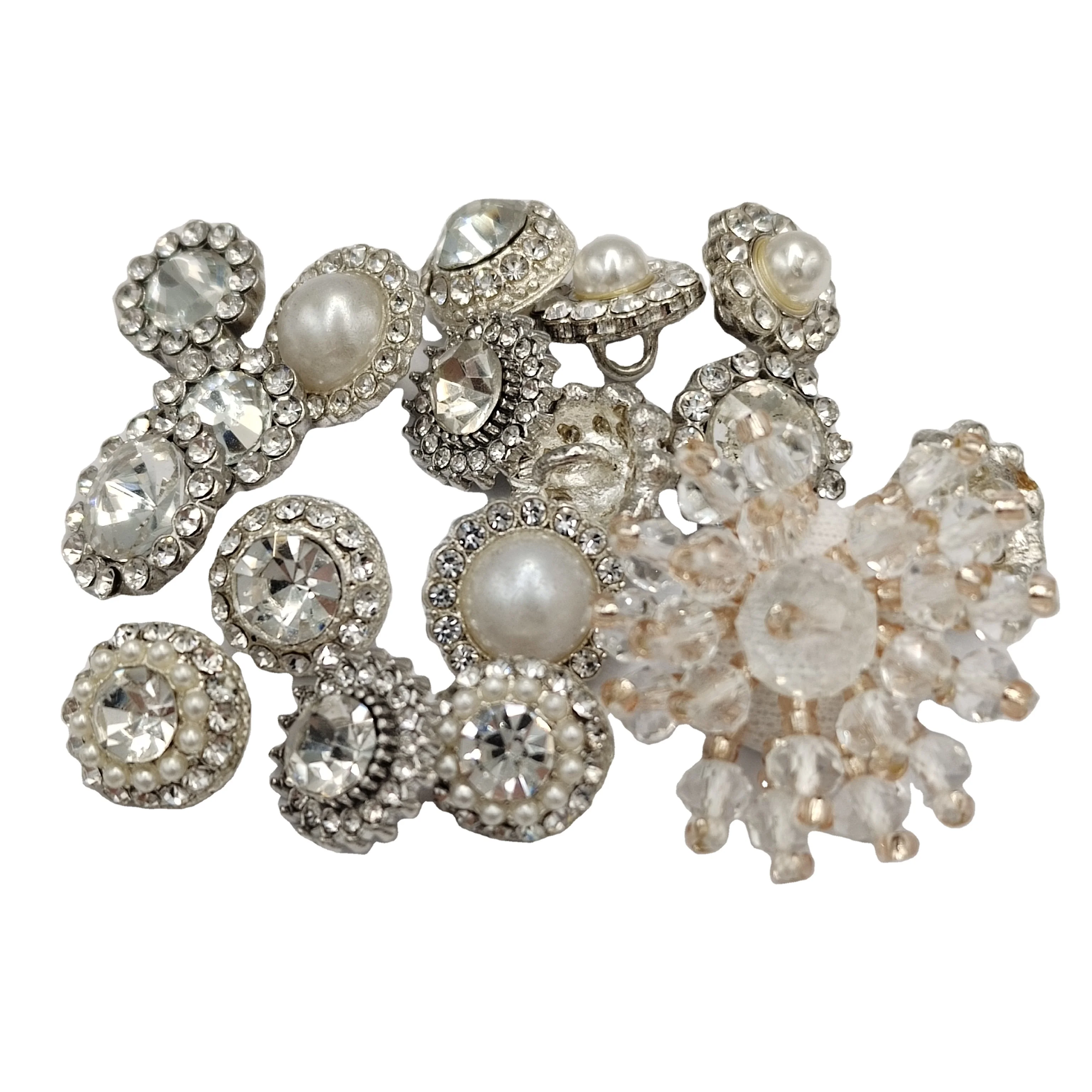 Custom Designer Fancy Decorative Trim Luxury Style White Rhinestone Pearl Shank Button Pearl And Crystal Button