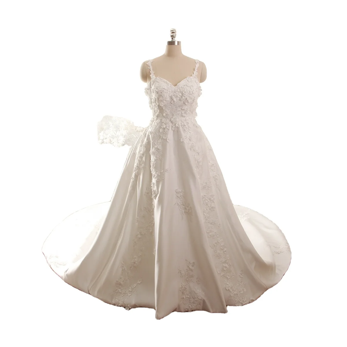 Real High Quality Satin Long Train Sweetheart 3D Appliques Flowers Straps Ball Gowns Wedding Dresses