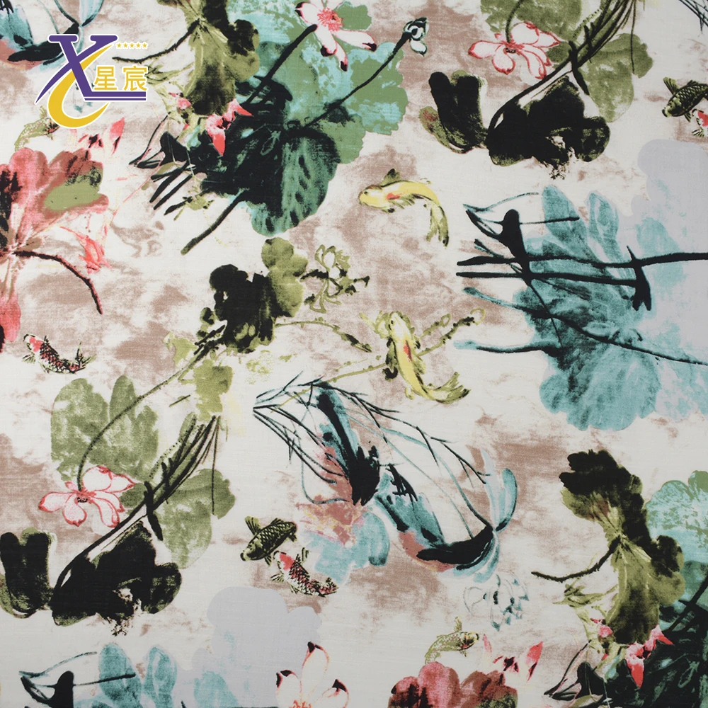 Хорошее качество на заказ в китайском стиле 98 г/кв. М Тканое платье с цветочным принтом из мягкого искусственного шелка ткань с принтом