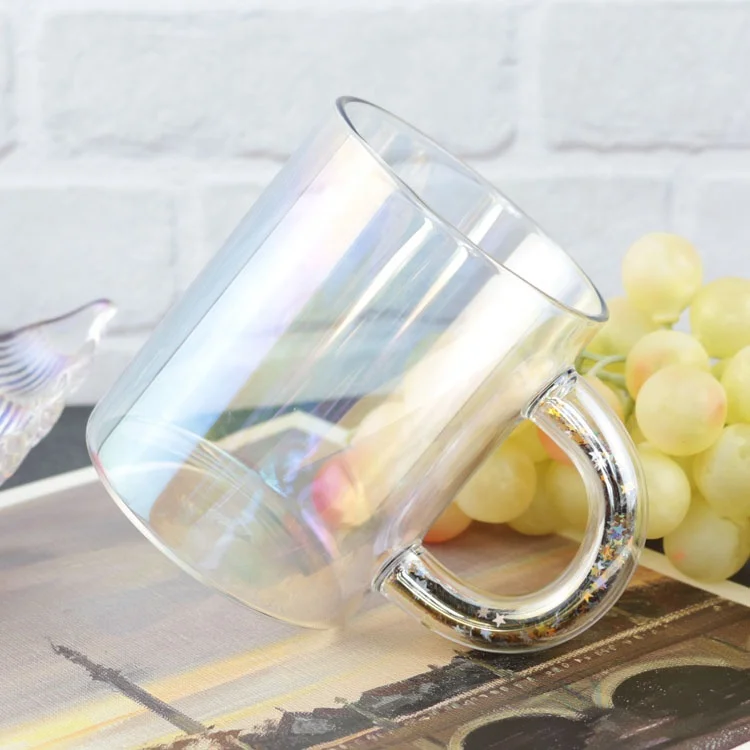 2022 New Iridescent Aurora Sublimation Colorful Stars Inside the Handle Funky Glasses Kawaii Cup Rhinestone Tea Cup Glass Mug