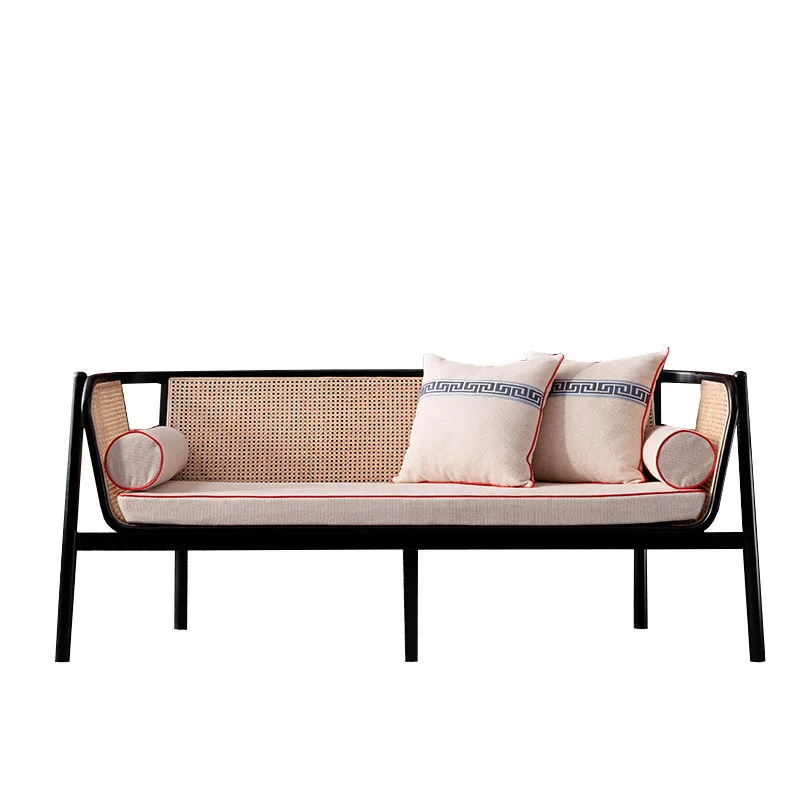 Hotel furniture French rattan chair classic wood frame cane back soft cushion rattan restaurant dining lobby sofa chair