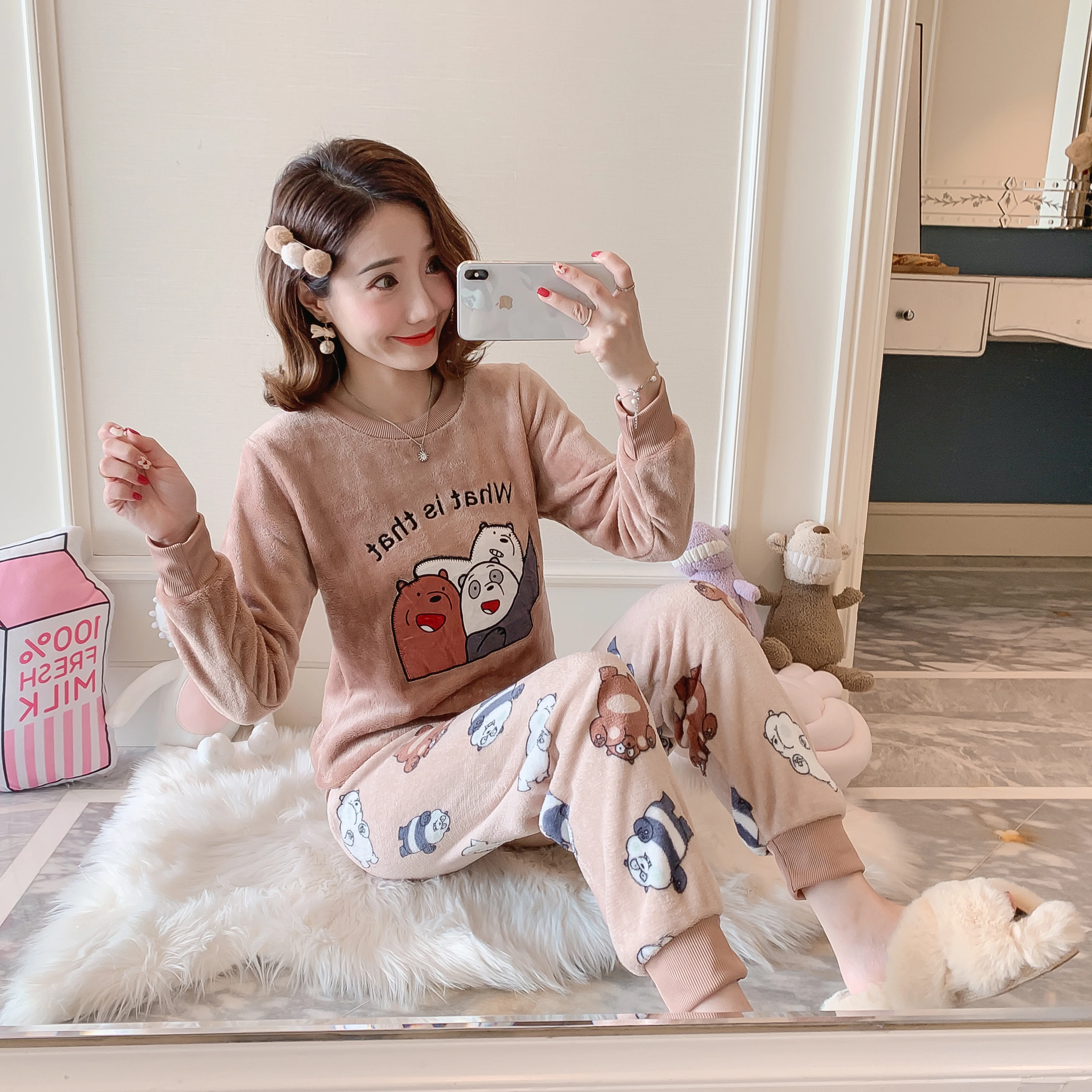 Winter Adults Flannel Round Neck Cartoon Women Sleepwear Costume Pajamas Sets Lovely Animal Pyjamas