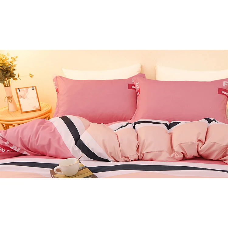 Exquisite bedding printing pink 4 pcs line minimalist style print bedsheet bedding set for children