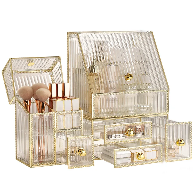 Luxury Transparent Acrylic Makeup Organizer Dust-proof Lipstick Holder Jewelry Make up Case Desktop Cosmetic Storage Box Set