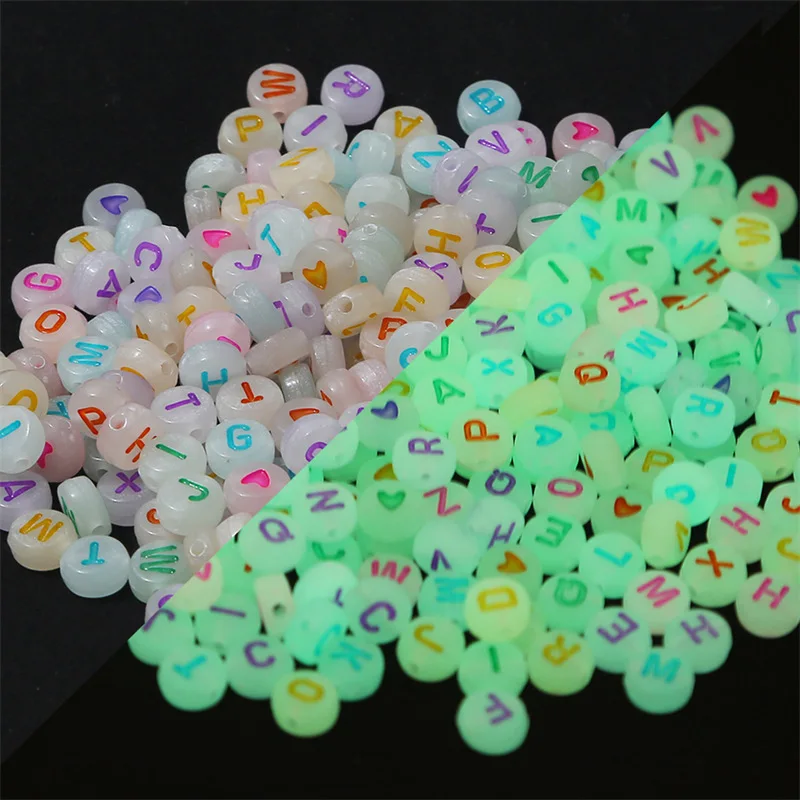 High Quality Glow In Dark  A-Z English Alphabet beads Round Acrylic Flat Letters Beads heart number For Jewelry Making