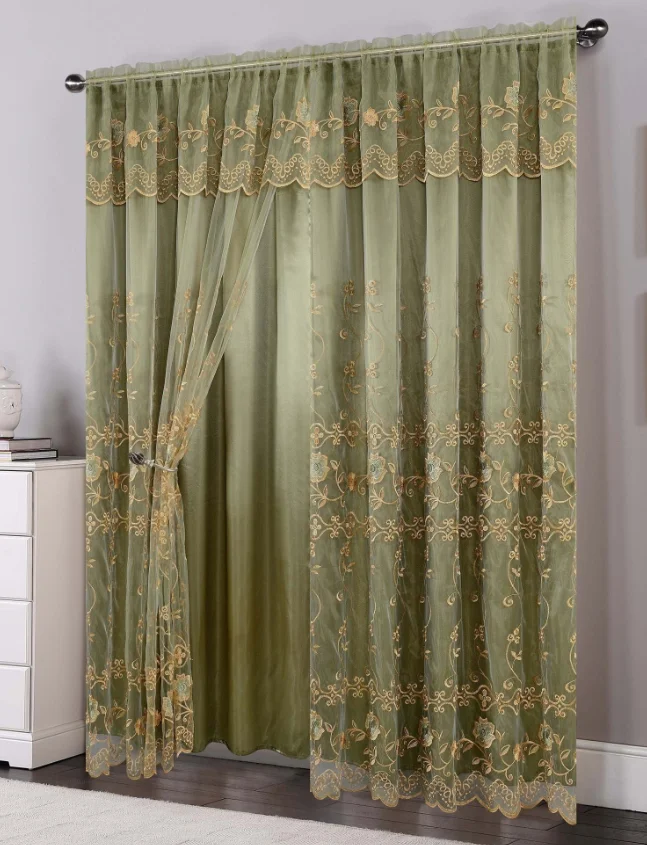 New double layer wholesale window curtain elegant sheer embroidery tulle ready made curtain for home decor