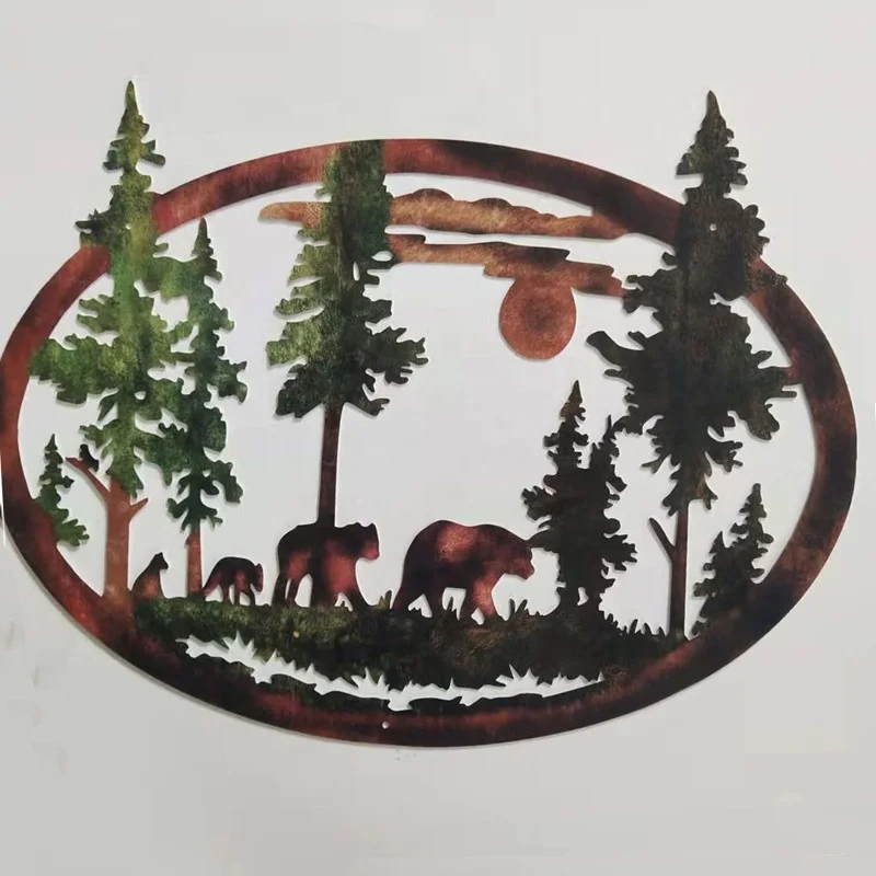 Deer Bear Mountain and Trees Metal Wall Art Indoor Outdoor Wall Decoration