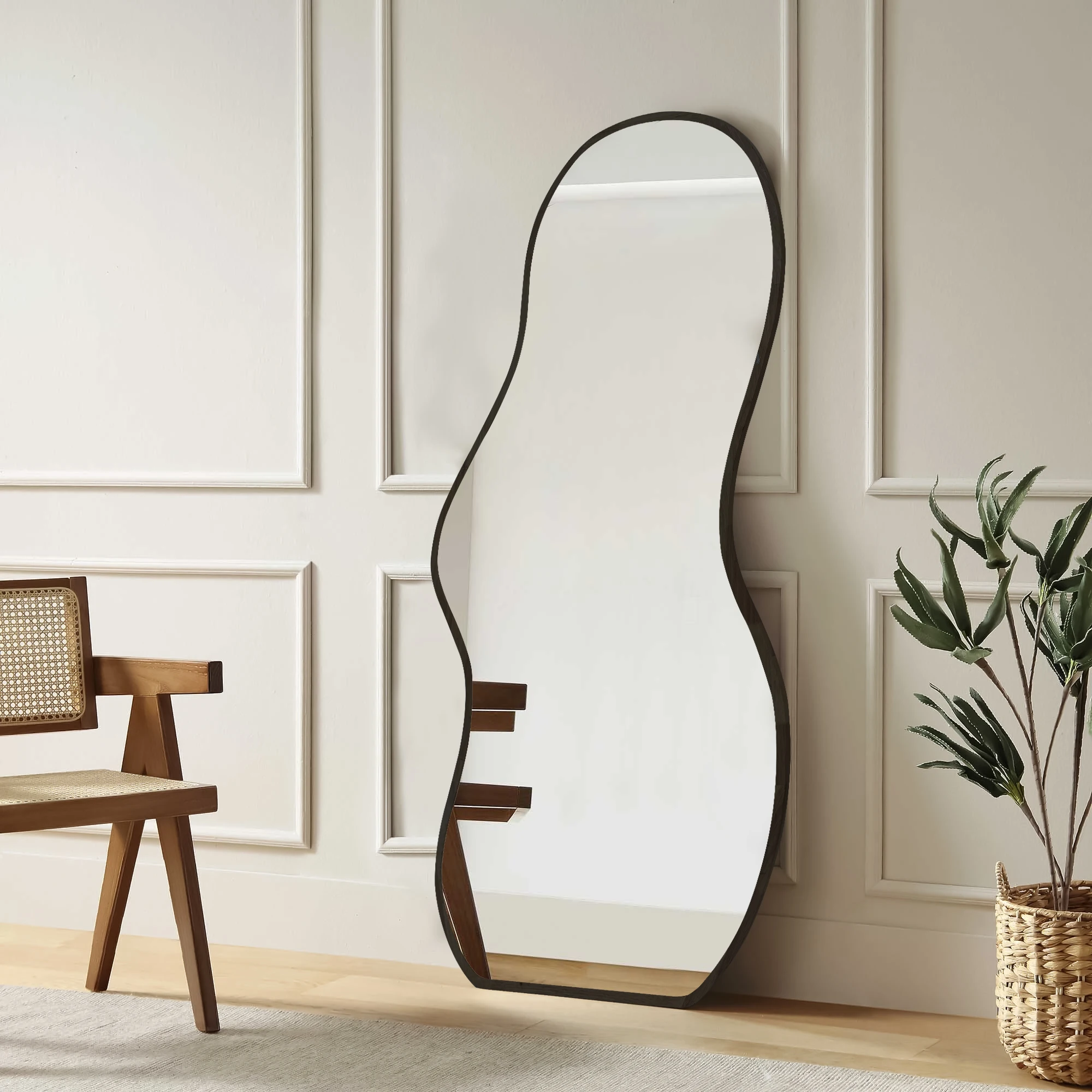 Wholesale Room Irregular Mirror Decoration Large Full Length Wooden Frame Mirror for Livingroom decor wall Wavy Decor Mirror