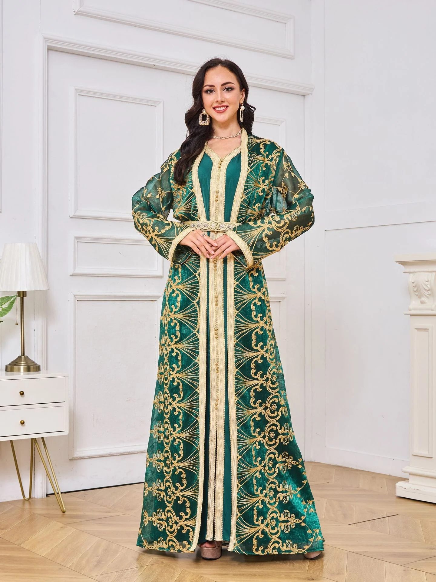 Eid Arabic Women Elegant Muslim Abaya Dubai Islamic Two Pieces Set Dress Luxury Green Turkey Moroccan Modest Long maxi dress