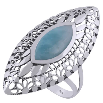 Stunning Jali Design Pattern Around Larimar Marquise Shape 925 Sterling Solid Silver Ring Eternity Vermeil Fine Rings
