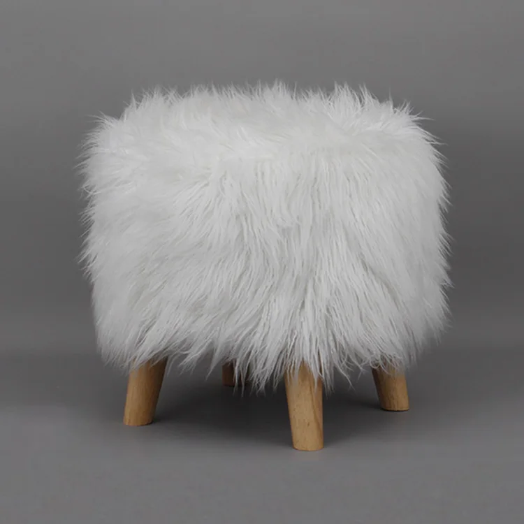 Custom made hot selling white wood faux fur stool household round wool footstool ottoman