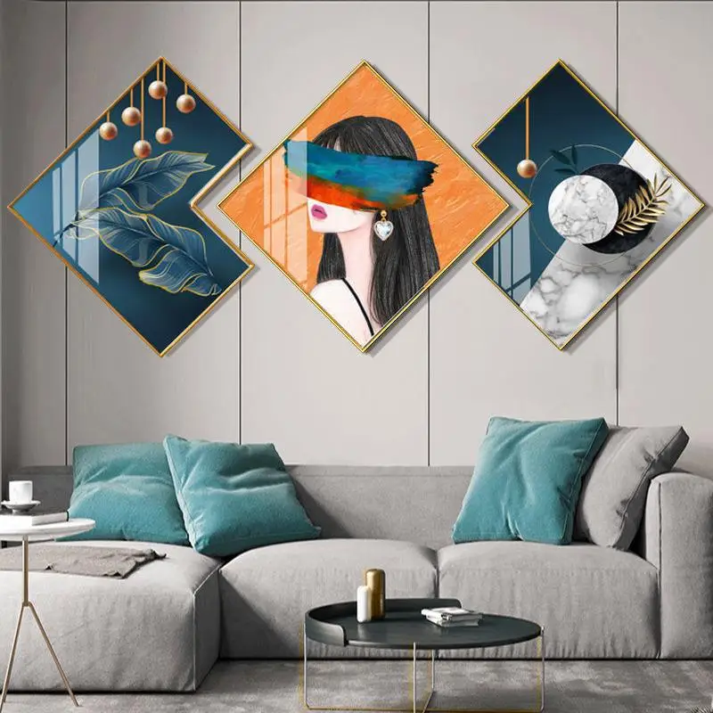 Living Room Diamond Shaped Modern Luxury Creative Restaurant Decoration Frames Picture Crystal Porcelain Painting Wall Art