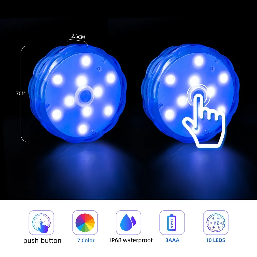 Battery Operated IP68 Waterproof Push Button Control RGB Color LED Submersible Light for Christmas Decoration