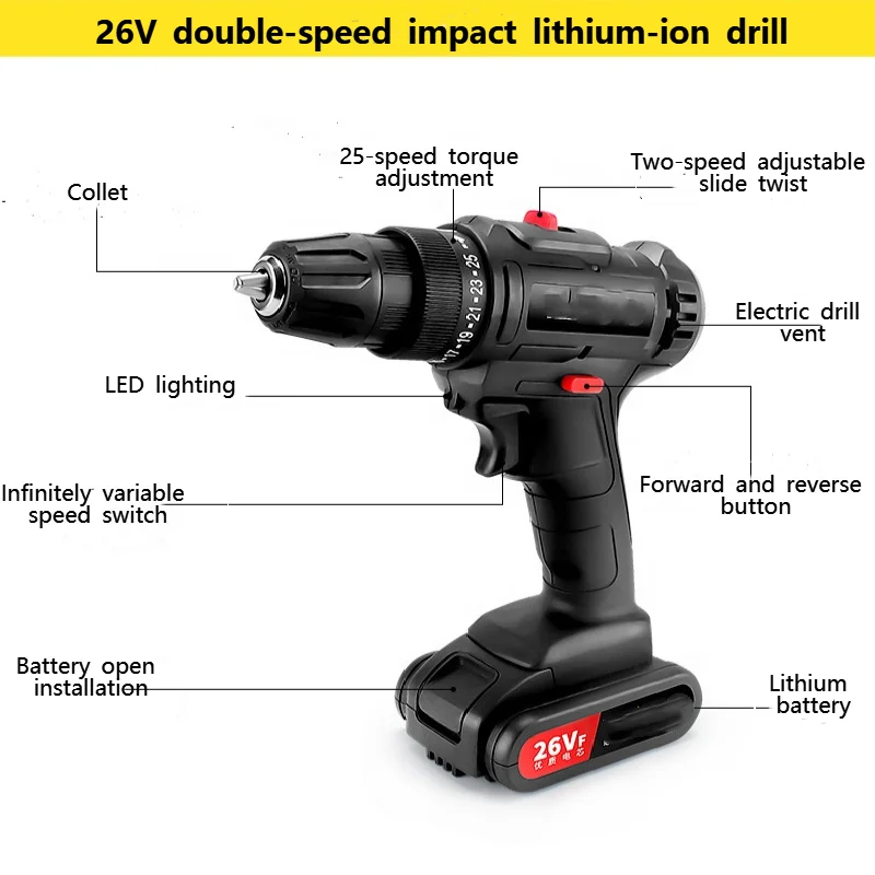 36v Electric Screwdriver Lithium-ion Battery Power Tools 2-speed Cordless Drill Rechargeable Mini Multi-function Drill